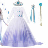 2022 Disney Frozen 2 Costume for Girls Princess Elsa Dress White Ball Gown Birthday Kids Snow Queen Cosplay Carnival Clothing