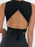 Top Women Y2K Lace Up Backless Tank Top Solid Knitted T-shirts Tops Sexy Crop Top Night Club Outfits Basic Tanks 2022 Streetwear