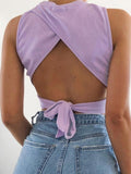 Top Women Y2K Lace Up Backless Tank Top Solid Knitted T-shirts Tops Sexy Crop Top Night Club Outfits Basic Tanks 2022 Streetwear