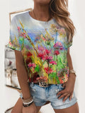Summer T shirts Womens T shirts high street short sleeve tops with a fashion flower print Womens T shirts woman