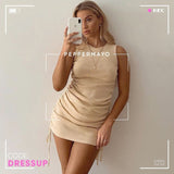 Women's Ribbed Elastic Ruched Drawstring Bodycon Mini Dress