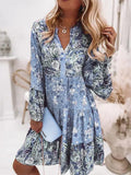 Elegant Retro Floral Print Flare Sleeve Mini Dress Spring Ruffle Loose Women Party Dress