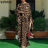 VONDA Summer Vintage Leopard Print Party Long Maxi Dress Casual Long Sleeve Pleated Robe Beach Vestidos