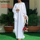 VONDA Summer Vintage Leopard Print Party Long Maxi Dress Casual Long Sleeve Pleated Robe Beach Vestidos