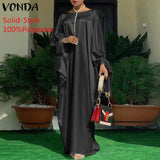 VONDA Summer Vintage Leopard Print Party Long Maxi Dress Casual Long Sleeve Pleated Robe Beach Vestidos