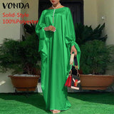 VONDA Summer Vintage Leopard Print Party Long Maxi Dress Casual Long Sleeve Pleated Robe Beach Vestidos