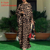 VONDA Summer Vintage Leopard Print Party Long Maxi Dress Casual Long Sleeve Pleated Robe Beach Vestidos