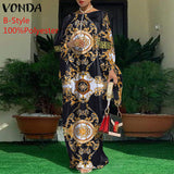 VONDA Summer Vintage Leopard Print Party Long Maxi Dress Casual Long Sleeve Pleated Robe Beach Vestidos