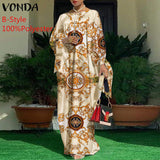 VONDA Summer Vintage Leopard Print Party Long Maxi Dress Casual Long Sleeve Pleated Robe Beach Vestidos
