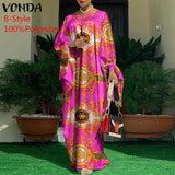 VONDA Summer Vintage Leopard Print Party Long Maxi Dress Casual Long Sleeve Pleated Robe Beach Vestidos