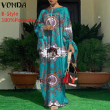 VONDA Summer Vintage Leopard Print Party Long Maxi Dress Casual Long Sleeve Pleated Robe Beach Vestidos