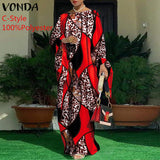 VONDA Summer Vintage Leopard Print Party Long Maxi Dress Casual Long Sleeve Pleated Robe Beach Vestidos