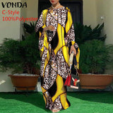 VONDA Summer Vintage Leopard Print Party Long Maxi Dress Casual Long Sleeve Pleated Robe Beach Vestidos