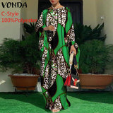 VONDA Summer Vintage Leopard Print Party Long Maxi Dress Casual Long Sleeve Pleated Robe Beach Vestidos