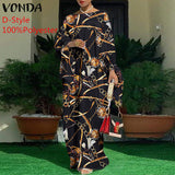VONDA Summer Vintage Leopard Print Party Long Maxi Dress Casual Long Sleeve Pleated Robe Beach Vestidos