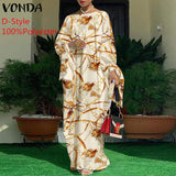 VONDA Summer Vintage Leopard Print Party Long Maxi Dress Casual Long Sleeve Pleated Robe Beach Vestidos