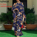 VONDA Summer Vintage Leopard Print Party Long Maxi Dress Casual Long Sleeve Pleated Robe Beach Vestidos