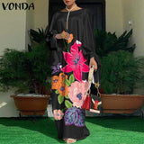VONDA Summer Vintage Leopard Print Party Long Maxi Dress Casual Long Sleeve Pleated Robe Beach Vestidos
