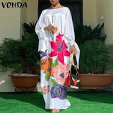 VONDA Summer Vintage Leopard Print Party Long Maxi Dress Casual Long Sleeve Pleated Robe Beach Vestidos