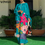 VONDA Summer Vintage Leopard Print Party Long Maxi Dress Casual Long Sleeve Pleated Robe Beach Vestidos