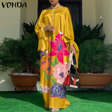 VONDA Summer Vintage Leopard Print Party Long Maxi Dress Casual Long Sleeve Pleated Robe Beach Vestidos