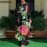 VONDA Summer Vintage Leopard Print Party Long Maxi Dress Casual Long Sleeve Pleated Robe Beach Vestidos