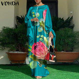 VONDA Summer Vintage Leopard Print Party Long Maxi Dress Casual Long Sleeve Pleated Robe Beach Vestidos