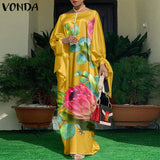 VONDA Summer Vintage Leopard Print Party Long Maxi Dress Casual Long Sleeve Pleated Robe Beach Vestidos