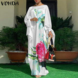 VONDA Summer Vintage Leopard Print Party Long Maxi Dress Casual Long Sleeve Pleated Robe Beach Vestidos