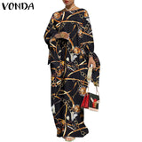 Vintage Printed Long Sleeve Dresses Casual Loose Bohemian Vestidos Long Maxi Robe Summer Femme Sundress
