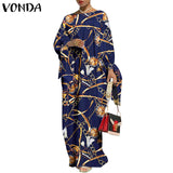 Vintage Printed Long Sleeve Dresses Casual Loose Bohemian Vestidos Long Maxi Robe Summer Femme Sundress