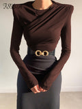Neck Brown Long Sleeve Crop Top