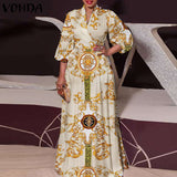 VONDA Women Vintage Printed Maxi Long Dress Casual Vestido Casual Robe Femme Holiday Sundress Oversized
