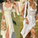 Summer Spring Floral Dress Sexy Casual Fashion Sundress Midi Slip Backless Pleated Slit White Yellow Lace-up Flowers