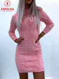 Elegant Solid Color Knitted Mini Dress for Women Hollow Out Design O-Neck Long Sleeve Mid Waist Slim Pullovers Pencil Dress