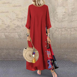 Women Vintage Maxi Dress Summer Solid O Neck Stitching Printed 3/4 Sleeve Side Buttons Dresses Loose Casual Long Dress Plus Size