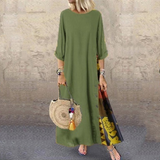 Women Vintage Maxi Dress Summer Solid O Neck Stitching Printed 3/4 Sleeve Side Buttons Dresses Loose Casual Long Dress Plus Size