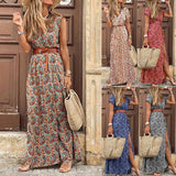 Summer Boho Long Dress Women Casual Paisley Print Belt Maxi Dress Elegant V Neck Short Sleeve Women's Beach Dress Vestidos