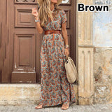 Summer Boho Long Dress Women Casual Paisley Print Belt Maxi Dress Elegant V Neck Short Sleeve Women's Beach Dress Vestidos