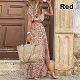 Summer Boho Long Dress Women Casual Paisley Print Belt Maxi Dress Elegant V Neck Short Sleeve Women's Beach Dress Vestidos
