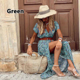 Summer Boho Long Dress Women Casual Paisley Print Belt Maxi Dress Elegant V Neck Short Sleeve Women's Beach Dress Vestidos