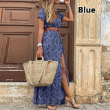 Summer Boho Long Dress Women Casual Paisley Print Belt Maxi Dress Elegant V Neck Short Sleeve Women's Beach Dress Vestidos