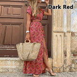 Summer Boho Long Dress Women Casual Paisley Print Belt Maxi Dress Elegant V Neck Short Sleeve Women's Beach Dress Vestidos