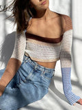 FSDA Knitted Long Sleeve Crop Top Women Beach Autumn Summer Patchwork Vintage Green Casual T Shirts Sexy Fashion