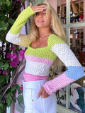 FSDA Knitted Long Sleeve Crop Top Women Beach Autumn Summer Patchwork Vintage Green Casual T Shirts Sexy Fashion