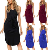 SAGACE Solid round neck women & dress with drawstring and tie, sleeveless skirt, loose casual women