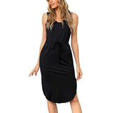SAGACE Solid round neck women & dress with drawstring and tie, sleeveless skirt, loose casual women