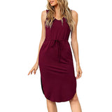 SAGACE Solid round neck women & dress with drawstring and tie, sleeveless skirt, loose casual women