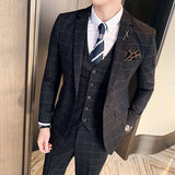 (Jacket + Vest + Pants) Men's Casual Plaid High-End Formal 3Pc Set Suit
