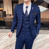 (Jacket + Vest + Pants) Men's Casual Plaid High-End Formal 3Pc Set Suit